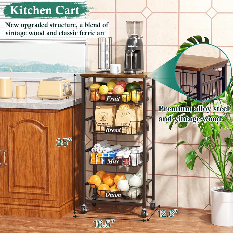 OKZEST Fruit Basket, 5-Tier Utility Kitchen Organizer and Storage Cart with Pull-Out Baskets and Wood Top, Rolling Pantry Kitchen Cart on Wheels for Fruit Potato Onion Vegetable Snack Produce - Image 2
